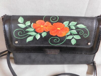 Hand painted crossbody handbag, OOAK Orange flowers painted shoulder bag - image4